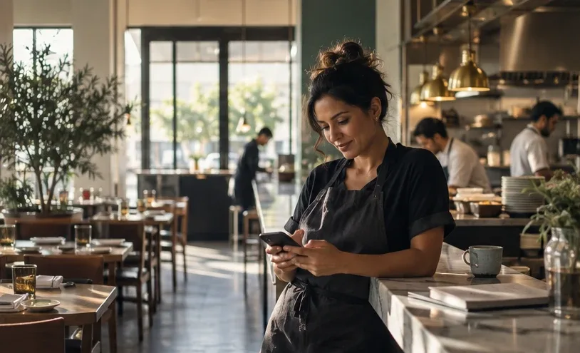 A restaurant owner leans on her counter between services, reading a malai text on her phone